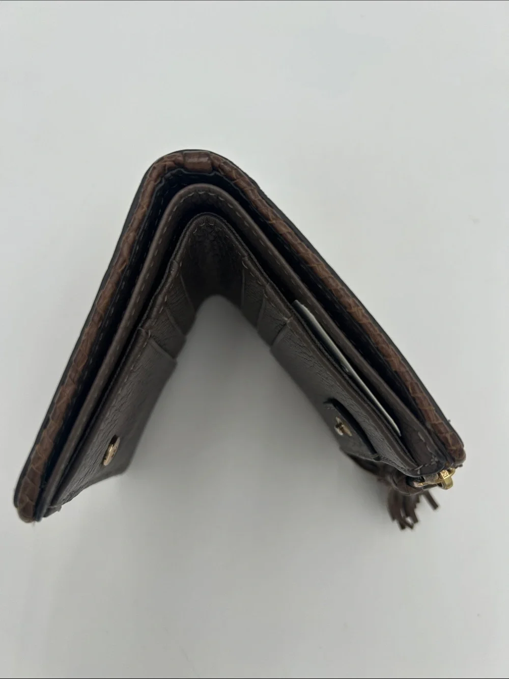 Tory‎ Burch Dark Brown Pebbled Leather Zip Coin Wallet with Tassel